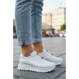 WEBORN Kadın Beyaz Günlük Ortopedik Kaymaz Kalın Tabanlı Dolgu Topuklu Rahat Suni Deri Nefes Alan Sneaker