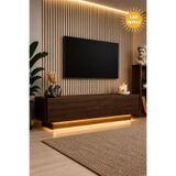 webotto 8 Almad Led Işıklı Koyu Ceviz Tv Ünitesi Modern Uçan Tv Sehpası 3 Kapaklı Bohem Minimal Tasarım Koyu Kahve