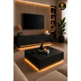 webotto 8 Almad Led Işıklı Siyah Tv Ünitesi ve Nisay Led Işıklı Kare Orta Sehpa Takımı Modern Tasarım