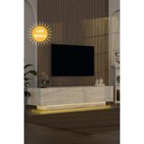 webotto 8 Almad Led Işıklı Tv Ünitesi Modern Uçan Tv Sehpası 3 Kapaklı Bohem Minimal Tasarım Traverten