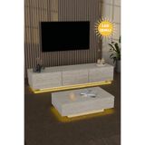 webotto 8 Almad Led Işıklı Tv Ünitesi ve Led Işıklı Dikdörtgen Orta Sehpa Takımı Modern Tasarım Traverten