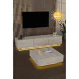 webotto 8 Almad Led Işıklı Tv Ünitesi ve Led Işıklı Kare Orta Sehpa Takımı Bohem Tarz Modern Tasarım Traverten