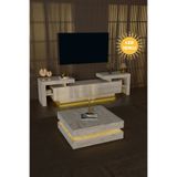 webotto 8 BulDam Led Işıklı Tv Ünitesi 190cm ve Ledli 2 Katlı Orta Sehpa Takımı İkonik Tasarım Traverten Desen