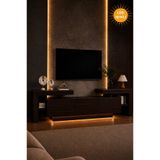 webotto 8 BulForte Led Işıklı Koyu Ceviz Tv Ünitesi 190cm Modern 3 Kapaklı Çok Raflı Uçan Tv Sehpası Koyu Kahve Ahşap
