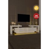 webotto 8 BulForte Led Işıklı Tv Ünitesi 190cm Modern 3 Kapaklı Raflı Uçan Tv Sehpası Traverten Desen