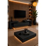 webotto 8 Bulnis Led Işıklı Siyah Tv Ünitesi 190cm ve Led Işıklı Kare Orta Sehpa Takımı Modern Tasarım