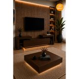 webotto 8 Bulnis Led Işıklı Tv Ünitesi 190cm ve Led Işıklı Kare Orta Sehpa Takımı Modern Tasarım Koyu Ceviz