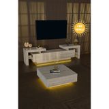 webotto 8 Bulnis Led Işıklı Tv Ünitesi 190cm ve Ledli Kare Orta Sehpa Takımı İkonik Tasarım Traverten Desen