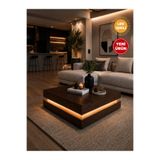 webotto 8 Dammas Led Işıklı Koyu Ceviz Kare Orta Sehpa Modern 2 Katlı Orta Sehpa İkonik Tasarım Koyu Kahve Sehpa
