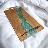 websunday El Yapımı Epoksi Doğal Ahşap Tepsi, Dikdörtgen, Yeşil, 35 x 20 cm, Söz Tepsisi, Kahve Sunumluk, Dekoratif (Nil Yeşil)