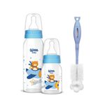 Wee Baby Desenli Cam Biberon Seti, 250ml + 125ml, Mavi, Temizleme Fırçası Dahil