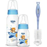 Wee Baby Desenli Cam Biberon Seti ve Temizleme Fırçası - 250 ml - Mavi