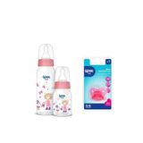 Wee Baby Desenli Cam Biberon + Silikon Damaklı Emzik Seti, 125 ml ve 250 ml, Çok Renkli
