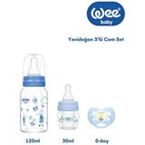 wee baby Yenidoğan 3'lü Hediye Seti Mavi Cam Biberon 120 ml Isıya Dayanıklı Kelebek Emzik