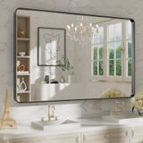 WEER 48X75 cm Siyah Metal Çerçeveli Banyo Aynası, Mat Siyah Banyo Vanity Aynası, Banyo için Dikdörtgen Siyah Duvar Aynası, Temperli Cam, Yuvarlak Köşe, Yatay veya Dikey Asılır