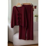 WEEST MODA bordo önü bağcıklı uzun kollu gömlek ve pantolon alt üst takım