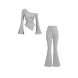 WEEST MODA Kadın Fitilli Asimetrik Tek Omuz İspanyol Kol Bluz & Yüksek Bel Bol Paça Pantolon İkili Takım