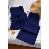 WEEST MODA lacivert yelek iki önden bağlama detaklı crop geniş paça pantolon alt üst takım