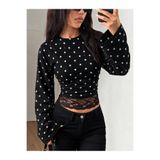 WEEST MODA siyah puantiyeli ispanyol uzun kol yuvarlak yaka dantel detaylı crop bluz