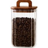 Welcomein 1100 ml Kare Line Cam Kavanoz Ahşap Kapaklı Kulplu Saklama Kabı