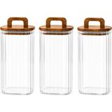 Welcomein 1500 ml Kare Cam Kavanoz 3’lü Set – Ahşap Kulplu Kapaklı, Fitilli Erzak ve Saklama Kabı