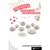 welcomein 17 Parça Porselen Çay Seti Kırmızı Çiçekli Puantiyeli Çiçek Kelebek Desenli Oyuncak Çay Takımı