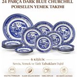 Welcomein 24 Parça Dark Blue Churchill Porselen Yemek Takımı – Blue Willow Desenli, 6 Kişilik Mavi Beyaz Tabak Seti, Servis Yemek ve Tatlı Tabakları