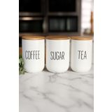 welcomein 3’lü Seramik Bambu Kapaklı Beyaz Kavanoz Seti 1000 ML – Coffee / Sugar / Tea – Bambu Kapaklı