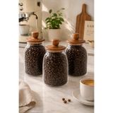 welcomein 3’lü Set 1200 ml Akasya Kapaklı Cam Kavanoz Kahve Saklama Kabı Ahşap Kapaklı Mutfak Kavanozu