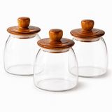 welcomein 700 ml Akasya Kapaklı Cam Kavanoz 3’lü Set, Ahşap Kapaklı Saklama Kavanozu, Kahve Şeker Kurabiye