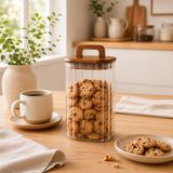 Welcomein 700 ml Kare Line Cam Kavanoz Ahşap Kapaklı Kulplu Saklama Kabı