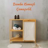 Welcomein Bambu 3 Raflı Kirli Çamaşır Sepeti | Kapaklı & Kumaş Torbalı Doğal Ahşap Banyo Düzenleyici - 47 x 33 x 68