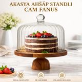 Welcomein Homes Akasya Ahşap Standlı Cam Fanus – Ayaklı Kek ve Pasta Sunum Standı, Ahşap Servis Tabağı ve Cam Kapaklı Cake Stand - 1,1 lt