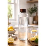 welcomein Mien 1000 ML Akasya Kapaklı Cam Matara Ölçekli Su Şişesi Sızdırmaz Kapaklı Şeffaf Cam Suluk