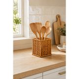 welcomein Rattan Dikdörtgen Kaşıklık 10 x 10 x 12 cm Hasır Çatal Kaşık Organizeri Mutfak Tezgah Üstü Düzenleyici Sepet