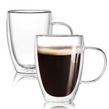 Wells 12oz Çift Duvarlı Cam Kahve Kupaları Saplı 2'li Set - Yalıtımlı Katmanlı Kahve Fincanları - Şeffaf Borosilikat Cam Kupalar - Cappuccino, Çay, Latte, Espresso, Sıcak İçecek, Soğuk İçecekler için