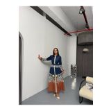 WellWay Atlas Kumaş Çiçekli Gömlek Yaka Düğme Detaylı Mavi Elbise (KEMER DAHİLDİR) Mavi L