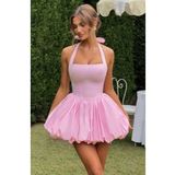 WellWay İthal Full Likralı Modal Kumaş ve Dokuma Kumaş Astarlı Sırt Gipe Lastikli Mini Balon Elbise-Pembe