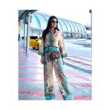 WellWay Keten Kumaş Gömlek & Pantolon Çiçekli 2li Takım-Mavi -2504