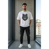 Welly Jones Beyaz Kurt Baskılı Oversize T-Shirt Optik Illüzyon Tasarım Salaş Tişört - XL