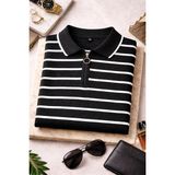 We&Me Erkek Çizgili Ince Triko Polo Yaka Yarım Fermuarlı Kısa Kollu Şık Günlük Kazak - Siyah - 2XL