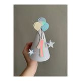 wenucapartyshop Krem Mavi Balon İlk Yaş Şapkası | 1 Yaş Doğum Günü Karton Şapka | El Yapımı Baby Party Hat