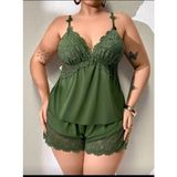 Wesby Büyük Beden Dantel Dekolteli Yüksek Bel Şort Bluz Takım - Yeşil - 2XL - 3XL