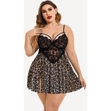 Wesby Büyük Beden Önden Capraz Askılı Gecelik Takım - Kahve - Bej - Leopar - 2XL - 3XL