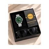 wesscollection Erkek Saat Seti Yeşil Kadran Metal Kordon Kol Saati Güneş Gözlüğü 50 ml Parfüm Hediye Kutulu