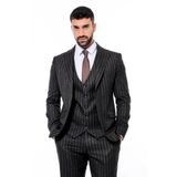 Wessi Çizgili Yelekli Siyah Slim Fit Erkek Takım Elbise