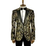 Wessi Dik Yaka Slim Fit Altın Desenli Siyah Erkek Balo Ceketi - Wessi - 46