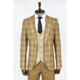 Wessi Ekose Ceketli Bej Slim Fit Takım Elbise - Taba - 58