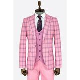 Wessi Ekose Ceketli Desenli Slim Fit Pembe Erkek Takım Elbise