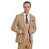 Wessi Ekose Ceketli Slim Fit Bej Erkek Takım Elbise